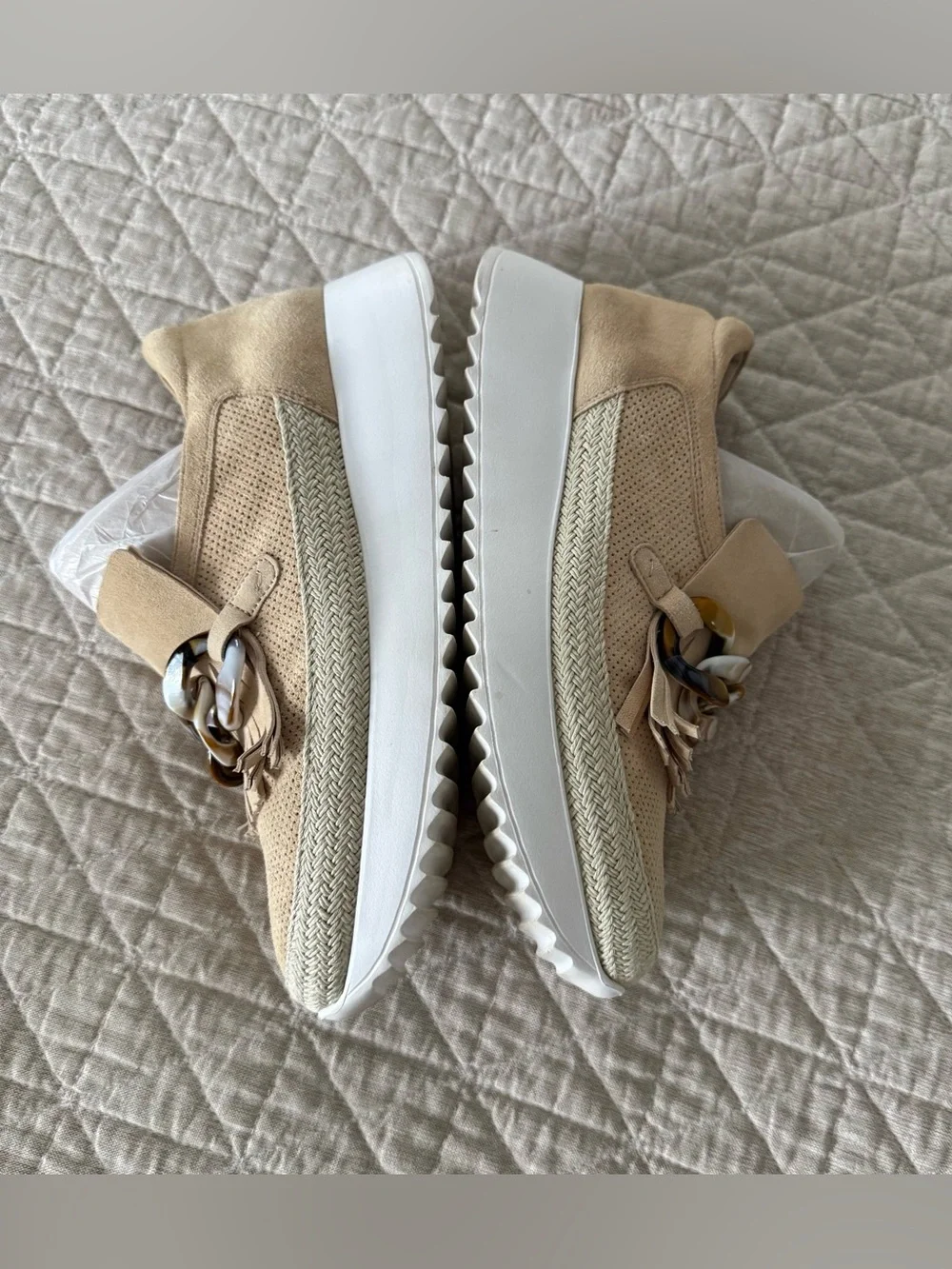 Vaneli Sport Tan Suede Platform Fringe Loafer Animal Print Chain Detail 7.5 M